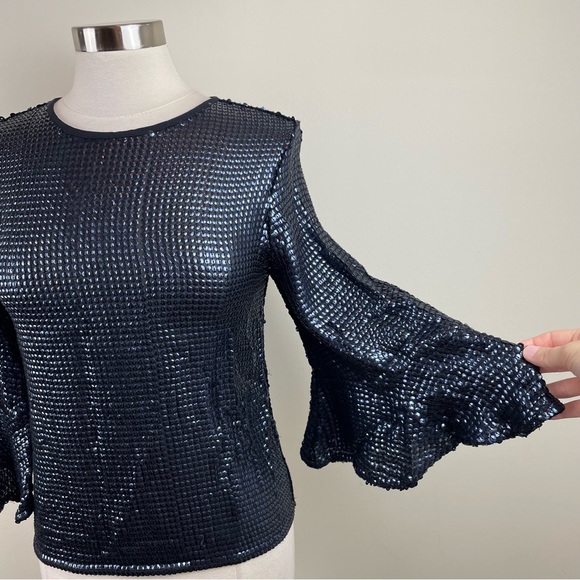 Trouve Black Blue Sequin Bell Sleeve Blouse Top Party Glam Women XS - Picture 3 of 7